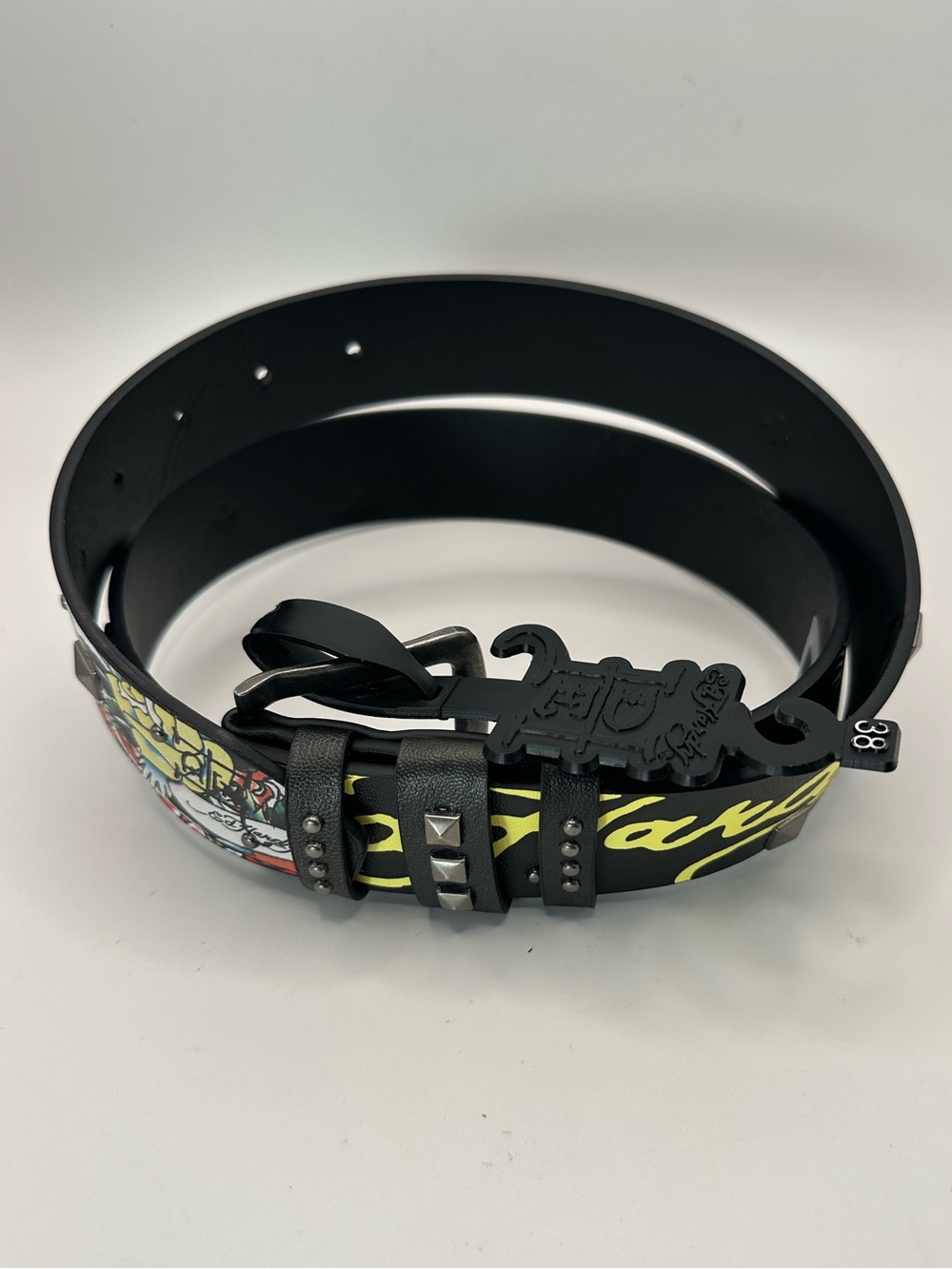 Ed Hardy Men's Graphic Print Studded Skull Belt Adjustable Buckle Black Size 38